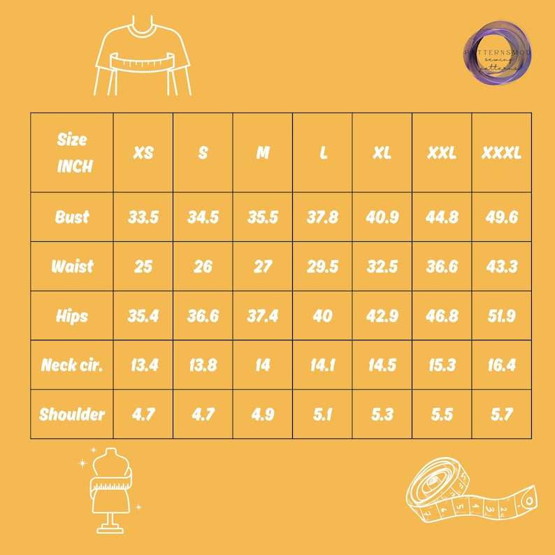 May include: A size chart for clothing in inches, showing measurements for bust, waist, hips, neck circumference, and shoulder width. The chart includes sizes XS, S, M, L, XL, XXL, and XXXL.