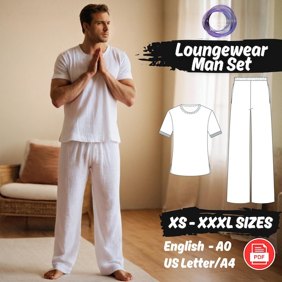 Men Loungewear Set Sewing Pattern, Pajama Shirt and Pants with Pockets PDF Pattern