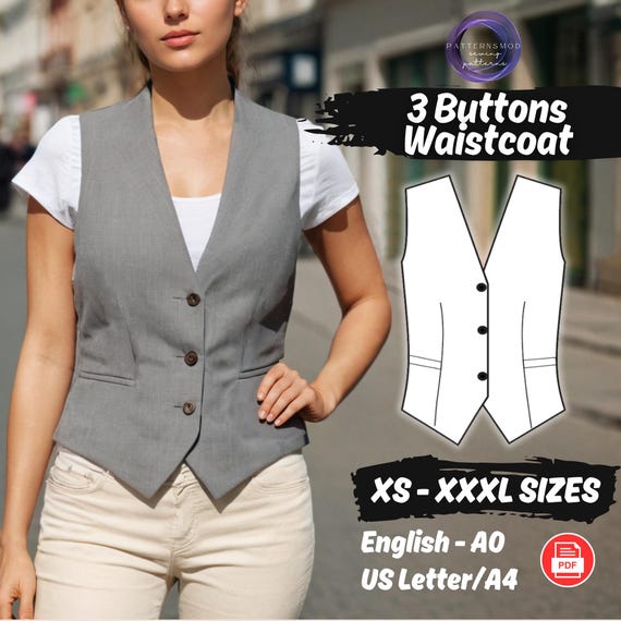 Women's Vest Sewing Pattern, Classic V-Neck Waistcoat PDF Pattern