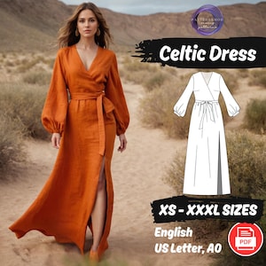 May include: A digital sewing pattern for a Celtic dress. The pattern includes sizes XS-XXXXL and is available in English, US Letter, and A0 formats. The pattern is in PDF format.