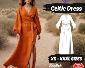 Puff Sleeve Maxi Dress Pattern | Wrap Linen, Split Skirt (PDF)