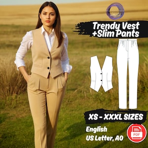 Trendy Set Pattern Women Waistcoat Sewing Pattern, Vest and Pants Pattern, Vintage Set Cropped Waistcoat Pattern, Beginner Sewing Project