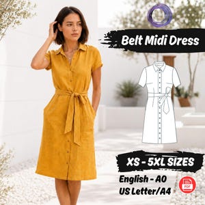 Midi Linen Dress Sewing Pattern Short Sleeve Tie Belt Dress with Pockets Beginner Tutorial