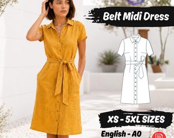 Midi Leinen Kleid Schnittmuster Kurzarm Bindegürtel Kleid mit Taschen Schnittmuster für Anfänger
