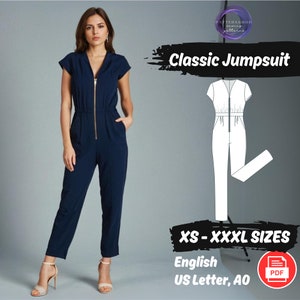 Op de afbeelding: Een digitaal naaipatroon voor een klassieke jumpsuit. Het patroon omvat de maten XS-XXXL en is beschikbaar in het Engels, gedrukt op A4- of A0-papier. Het patroon is in PDF-formaat.
