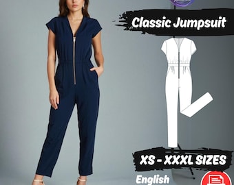 May include: A digital sewing pattern for a classic jumpsuit. The pattern includes sizes XS-XXXL and is available in English, printed on A4 or A0 paper. The pattern is in PDF format.