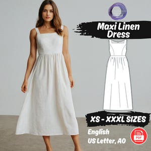 Op de afbeelding: Een vrouw draagt een witte maxi linnen jurk met een vierkante halslijn en brede bandjes. De jurk heeft een getailleerd lijfje en een zwierige rok. De afbeelding bevat ook een lijntekening van de jurk en de tekst "Maxi Linen Dress" en "XS - XXXL SIZES".