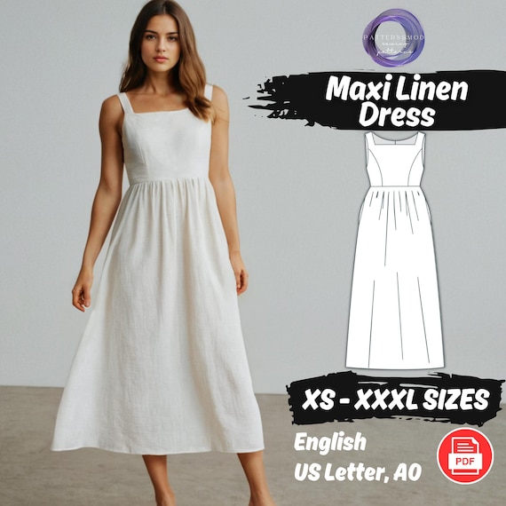 Maxi Linen Dress Pattern, Loose Sleeveless Dress Sewing Project, Square  Neck Outfit XS-XXXL - Etsy
