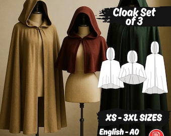 Hooded Cloak Sewing Pattern Set of 3, Cosplay Cape Pack PDF Project Costume Cloak