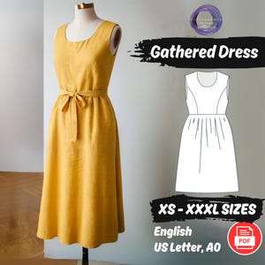 Könnte beinhalten: Ein Schnittmuster für ein gerafftes Kleid in den Größen XS-XXXXL. Das Schnittmuster ist in englischer Sprache verfügbar und wird auf US Letter- und A0-Papiergrößen gedruckt. Das Schnittmuster ist für ein ärmelloses Kleid mit gerafftem Rock und einem Bindegürtel.