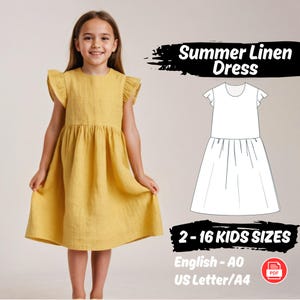 May include: A young girl wearing a yellow linen summer dress with ruffled sleeves. The dress has a gathered waist and a flared skirt. The image also includes a line drawing of the dress and text that reads "Summer Linen Dress" and "2-16 KIDS SIZES".