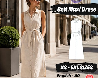 Frauen Midi Leinen Kleid PDF Schnittmuster Button-Gürtel Sommer Kleid mit Taschen Anleitung