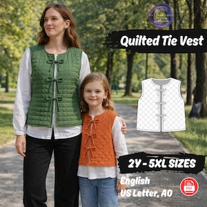 Può includere: Due persone indossano gilet trapuntati con lacci. Uno è verde, l'altro arancione. Entrambi i gilet hanno chiusure con lacci e un motivo a rombi. L'immagine include anche un diagramma del modello e il testo "Quilted Tie Vest" e "2Y-5XL SIZES".