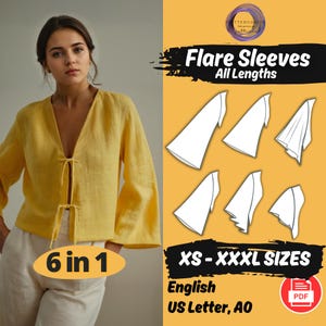 May include: A woman wearing a yellow blouse with flare sleeves. The image includes a pattern for flare sleeves in XS-XXXL sizes. Text on the image reads "Flare Sleeves, All Lengths, 6 in 1, XS-XXXL Sizes, English, US Letter, AO."