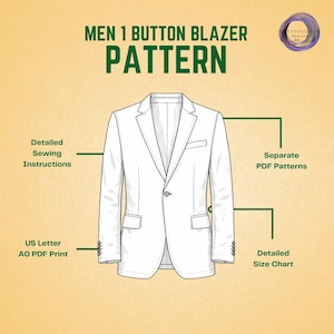 May include: A white line drawing of a one-button blazer pattern. Text at the top reads "MEN 1 BUTTON BLAZER PATTERN." Additional text indicates "Detailed Sewing Instructions," "US Letter AO PDF Print," "Separate PDF Patterns," and "Detailed Size Chart."
