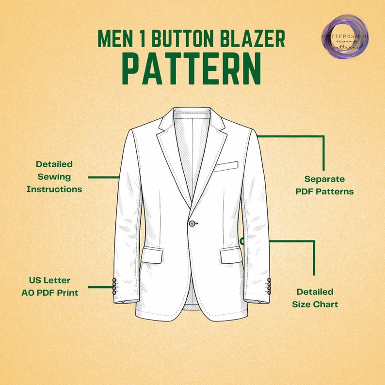 May include: A white line drawing of a one-button blazer pattern. Text at the top reads "MEN 1 BUTTON BLAZER PATTERN." Additional text indicates "Detailed Sewing Instructions," "US Letter AO PDF Print," "Separate PDF Patterns," and "Detailed Size Chart."