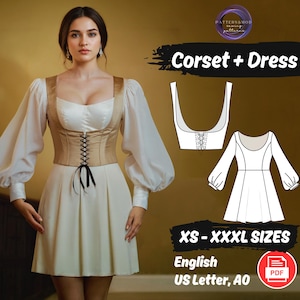 Renaissance Corset and Dress Sewing Pattern Bustier Tie Top Project, Bishop Sleeve Dress