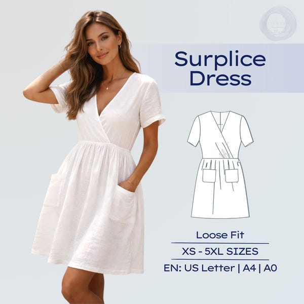 Patrón de costura para vestido cruzado: vestido bohemio fruncido con escote en V para mujer, tutorial para principiantes
