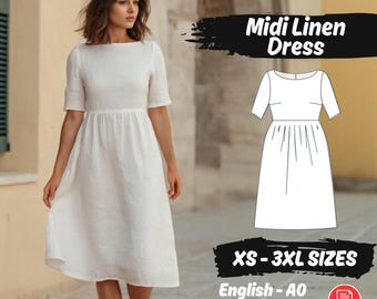 Midi Linen Dress Sewing Pattern, Gathered Boat Neckline Sewing Project