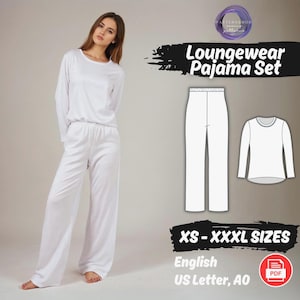 Könnte beinhalten: Gezeigt wird ein weißes Loungewear-Pyjama-Set. Das Set besteht aus einem langärmligen Oberteil und einer Hose mit weitem Bein. Das Bild zeigt auch eine Skizze des Pyjama-Sets und den Text "Loungewear Pajama Set" und "XS - XXXL SIZES".