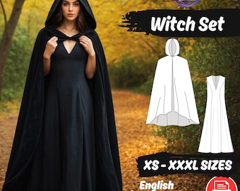 Hooded Cloak with Dress Sewing Pattern, Elven Hooded Cape Pattern, Cloak and Dress Set PDF Pattern, Mystical Hooded Long Cape Pattern