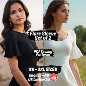 Może przedstawiać: Dwie sukienki z rozkloszowanymi rękawami, jedna czarna i jedna biała. Obraz zawiera tekst "Flare Sleeve Set of 2", "PDF Sewing Patterns" i "XS-3XL SIZES". Tekst zawiera również "English - AO" i "US Letter/A4".