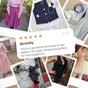 May include: A five-star review for a sewing pattern with the text "Serenity This is a wonderful and easy to use pattern. It's super simple and perfect for even beginners."  The review is accompanied by images of various garments made using the pattern, including a pink dress, a blue waistcoat, a white dress, a black waistcoat, and a pink dress with a floral print.