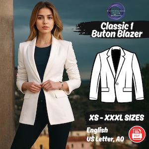 Women Blazer Sewing Pattern, Suit Classic Jacket, 1 Button Lined Coat PDF Pattern