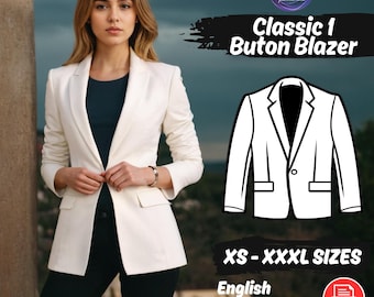 Women Blazer Sewing Pattern, Suit Classic Jacket, 1 Button Lined Coat PDF Pattern