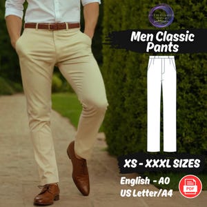 Può includere: Un cartamodello digitale per pantaloni classici, disponibile nelle taglie XS-XXXL. Il cartamodello è disponibile in inglese e include le istruzioni per tagliare e cucire i pantaloni. Il cartamodello è disponibile nelle taglie A0, US Letter e A4.