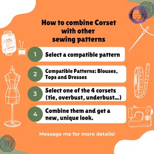 Pu&ograve; includere: Grafica arancione con disegni a tratto bianco e testo che spiega come combinare i corsetti con altri modelli di cucito. I passaggi includono la selezione di un modello, modelli compatibili, la selezione di un corsetto e la loro combinazione.