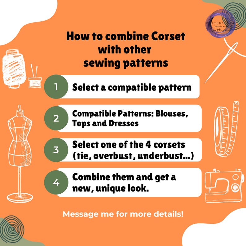Pu&ograve; includere: Grafica arancione con disegni a tratto bianco e testo che spiega come combinare i corsetti con altri modelli di cucito. I passaggi includono la selezione di un modello, modelli compatibili, la selezione di un corsetto e la loro combinazione.