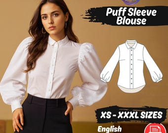 Women Puff Sleeve Poet Shirt Sewing Pattern, Bishop Sleeve Pirate Blouse Pattern, Collar Blouse Top Pattern, Easy Beginner Pattern
