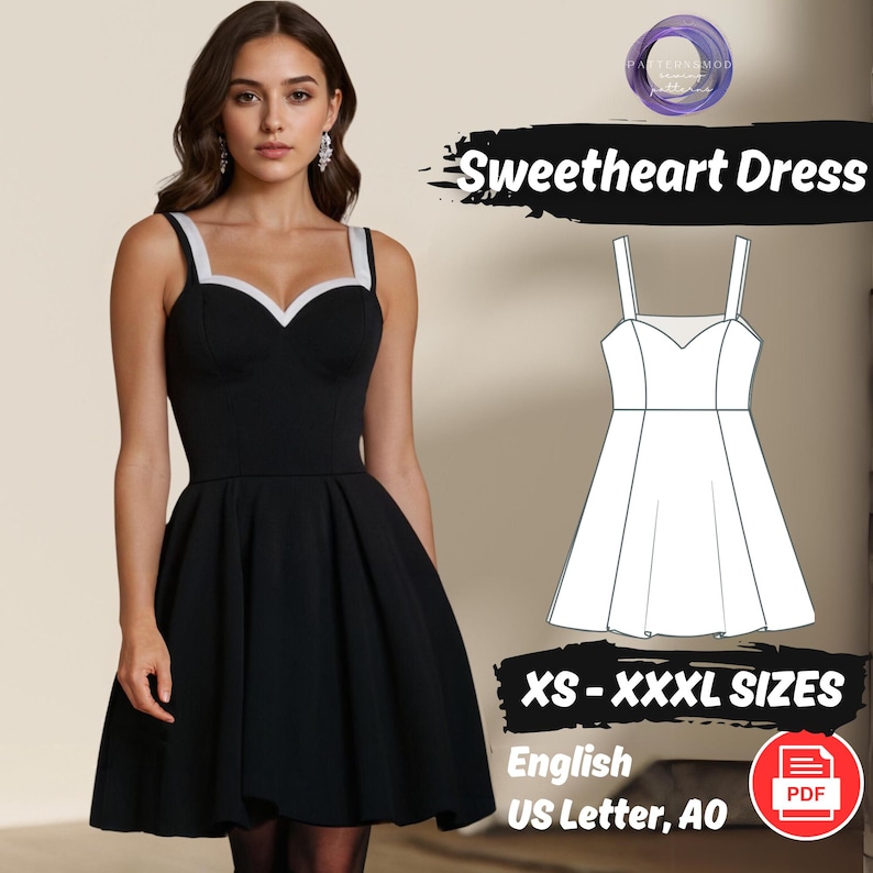 Peut inclure: Patron de couture num&eacute;rique pour une robe &agrave; d&eacute;collet&eacute; c&oelig;ur. Le patron comprend les tailles XS-XXXXL et est disponible en anglais, format US Letter et A0. Le patron est au format PDF.