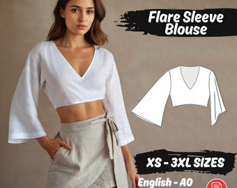 Linnen crop-top met klokmouw naaipatroon, v-hals damesblouse pdf-patroon