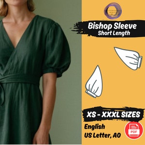 May include: A digital download pattern for a bishop sleeve dress in short length. The pattern is available in sizes XS to XXXL and is printed on US Letter size paper. The pattern includes instructions in English.