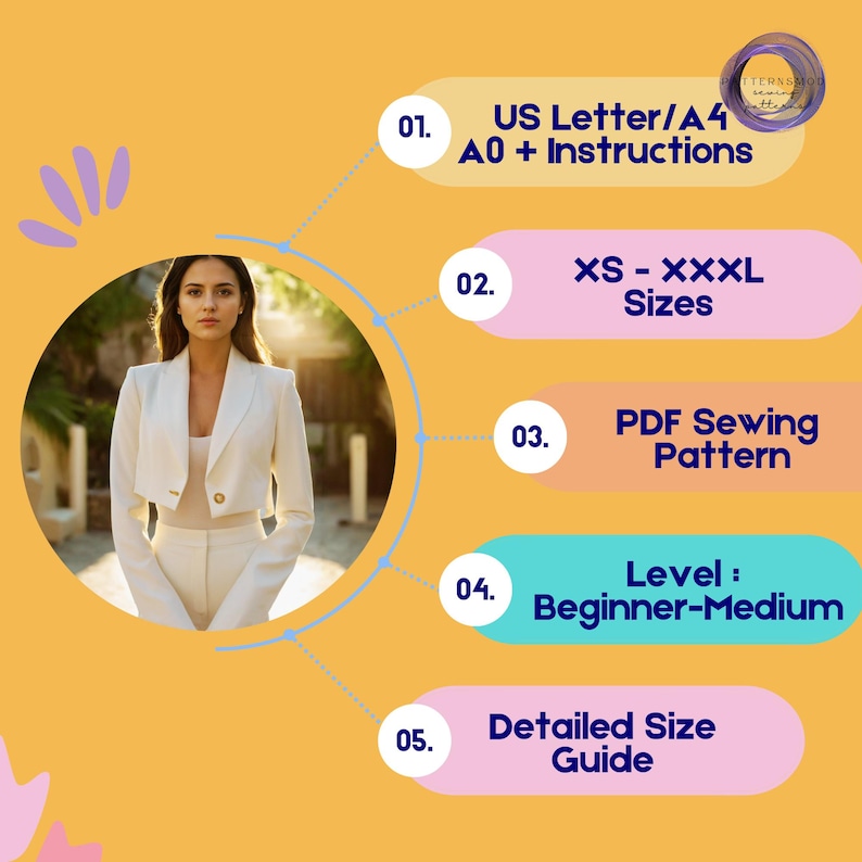Women Blazer Sewing Pattern, Short Trendy Jacket, Cropped Button Coat PDF Pattern image 6