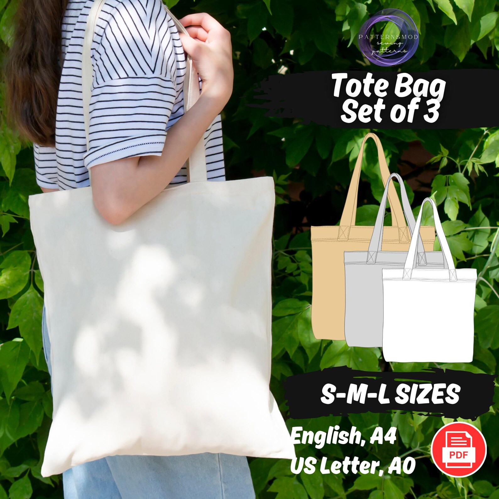 Tote Bag Sewing Pattern Set, 3 Sizes Beginner Friendly PDF Pattern - Etsy