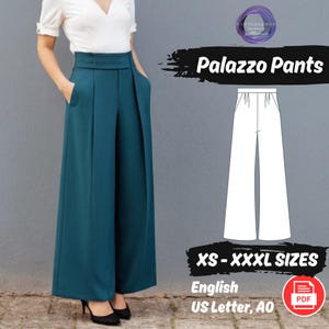 Może przedstawiać: Cyfrowy wzór szycia na spodnie palazzo w rozmiarach XS-XXXXL. Wzór jest dostępny w języku angielskim i jest drukowany na papierze w formacie US Letter. Obraz przedstawia kobietę w turkusowych spodniach palazzo.