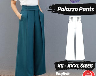 Palazzo Pants Sewing Pattern, Women's Wide Leg Trousers, Beginner Friendly PDF Tutorial Pattern