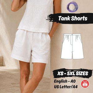 May include: A pair of white shorts with a high waist and side pockets, paired with a matching sleeveless top. The image includes a black graphic overlay with the text Tank Shorts, XS-5XL SIZES, English-A0, and US Letter/A4, plus a line drawing.