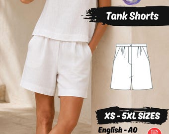 Patrón de costura para pantalones cortos de pierna ancha para mujer, pantalones bermudas con bolsillos, tutorial de costura fácil.