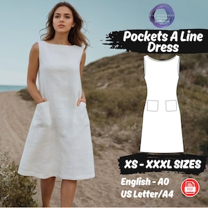 A Line Dress Sewing Pattern Pocketed Linen Dress Pattern, Sleeveless Summer Dress PDF Pattern, Women Summer Dress Sewing Pattern