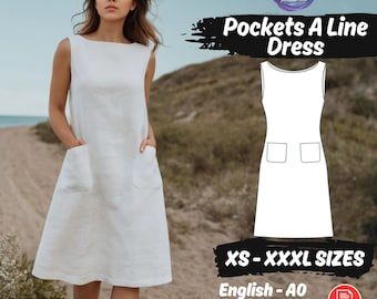 A-Line Linen Dress Sewing Pattern, Pocketed Sleeveless Summer Dress (PDF Pattern)