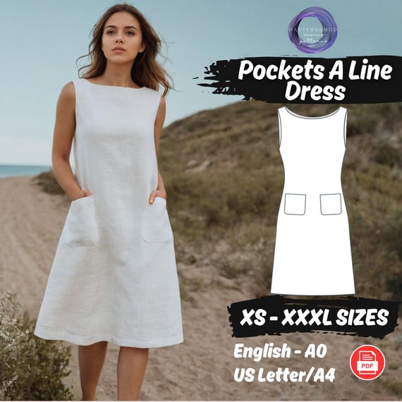 a line dress pattern with pockets A-line Dress With Pockets Pattern,women Sewing Pattern,summer Dresses  Patterns, Size:us2-30 (A0-A4-USLETTER)