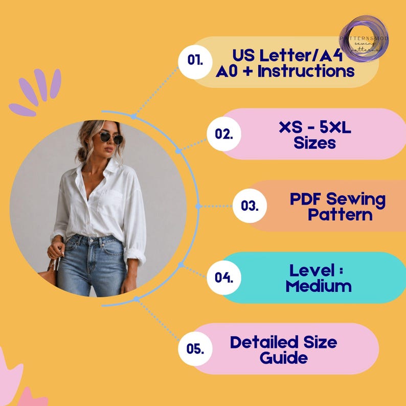 May include: Image of a woman wearing a white button-down shirt and blue jeans. The image includes text that reads: US Letter/A4 A0 + Instructions, XS-5XL Sizes, PDF Sewing Pattern, Level: Medium, and Detailed Size Guide.