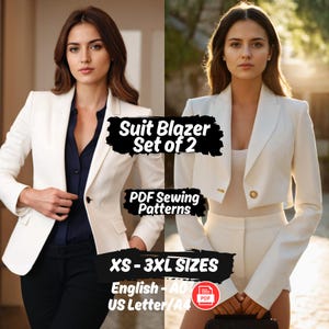 Pode incluir: Duas imagens de uma mulher usando um blazer branco. O texto na imagem diz "Suit Blazer Set of 2", "PDF Sewing Patterns" e "XS-3XL SIZES". O texto também inclui "English - A0" e "US Letter/A4".