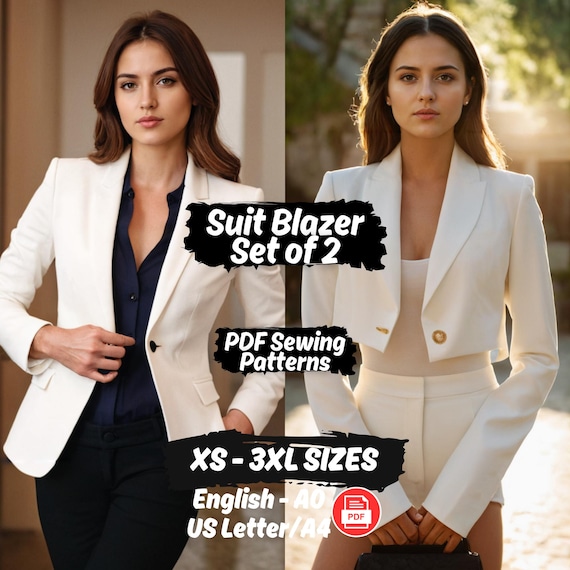 Women Jacket Sewing Pattern Set of 2 | Long Sleeve Blazer Patterns | Cropped Suit Coat