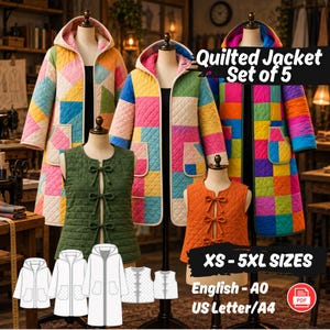 May include: A set of five quilted jackets and vests displayed on mannequins. Three jackets feature colorful patchwork patterns with hoods and pockets. Two vests are solid green and orange with front tie closures. Text reads Quilted Jacket Set of 5, XS-5XL SIZES, English-A0, US Letter/A4.