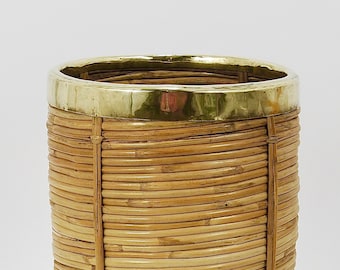 Gabriella Crespi Style Bamboo & Brass Hollywood Regency Umbrella Stand, Italy, 1970s